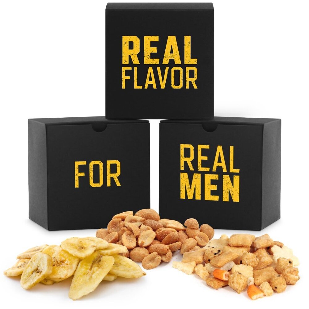 Mens Nut Gifts Box, Featuring Spicy Peanuts, Rice Crackers and Banana Chips in 3